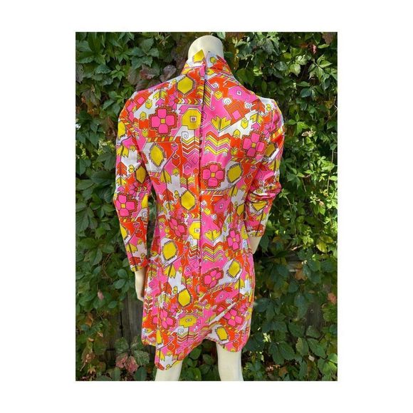 SOLD 60s Teena Paige Go-Go Mini Dress Neon Mod Nehru Lace-Up Day-Glo Groovy - Picture 10 of 15